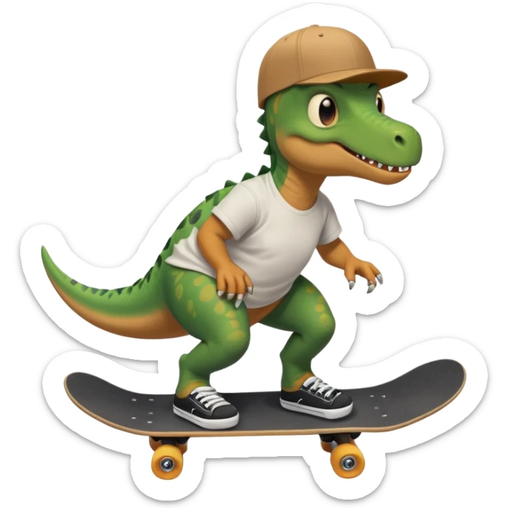 Dinosaur skateboarding at the skate park wearing a t-shirt and doing six seven sticker