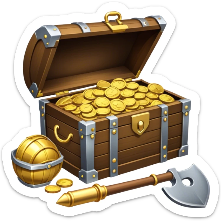 An icon featuring a treasure chest partially open, revealing gold coins and jewels. A metal detector and a shovel are nearby, symbolizing the excitement of treasure hunting. The design evokes adventure, exploration, and the thrill of discovering hidden treasures. transparent background. sticker