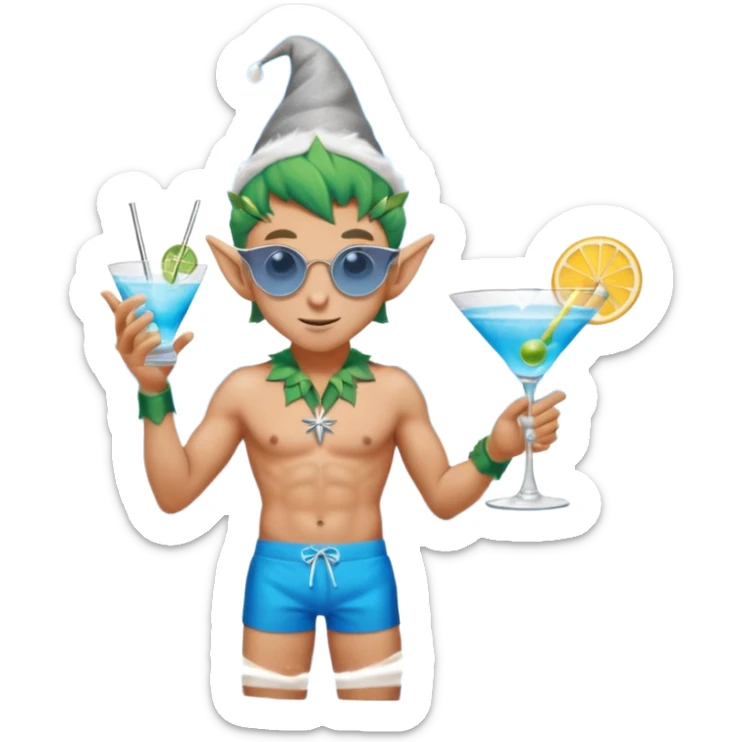 elf male in stylish blue swim trunks, palm extended over cocktail glass, conjuring swirling frost and mist to chill it, silver aviator sunglasses, pointy ears, confident smirk, minimalist beach bar backdrop, centered emoji, summer magic sticker