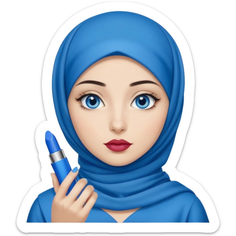 Turkish beautiful finish Konya girl blue eyes with blue hijab islamic dress and had on her hand blue ysl lipstick and hold it sticker