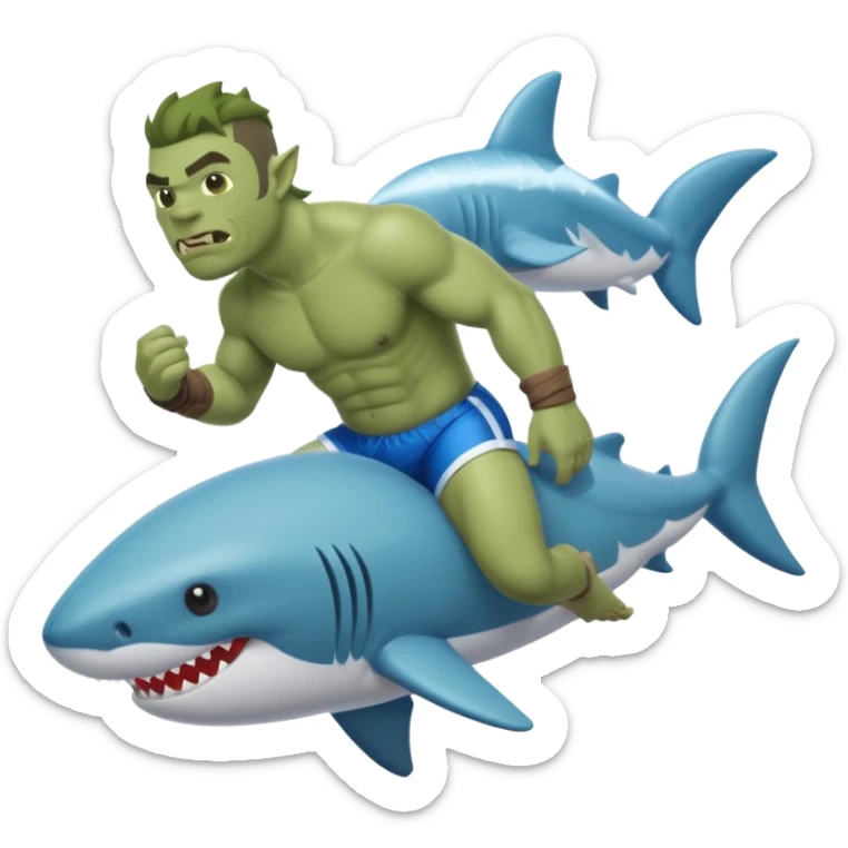An orc male on an inflatable circle in the form of a shark sticker
