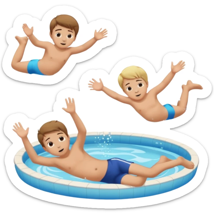 Two blond boys, the third boy with brown hair and a little baby girl with braun hair doing a belly flop in to a pool full of water. Show the pool sticker