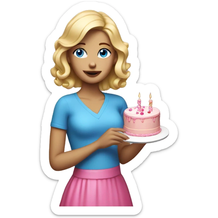 Blonde woman with blue eyes holding a pink birthday cake  sticker