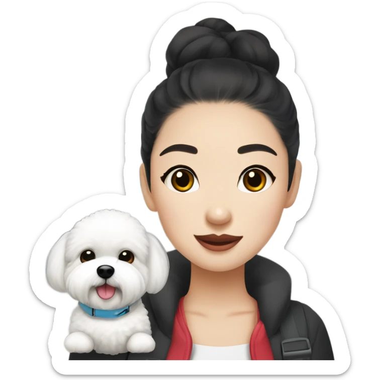 A cute korean style bichon frise with a dark-haired in a bun Asian woman at the airport  sticker