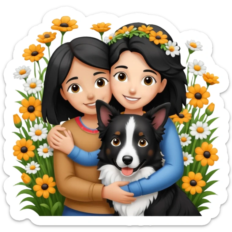 A girl happily hugs a black and white border collie in the flowers sticker