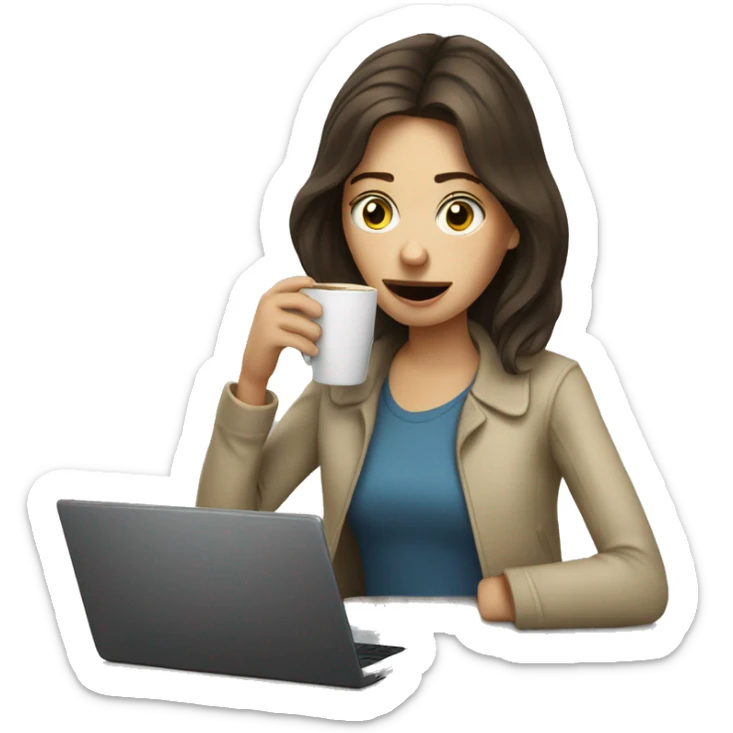 tired french girl with laptop drinking a lot of coffee sticker