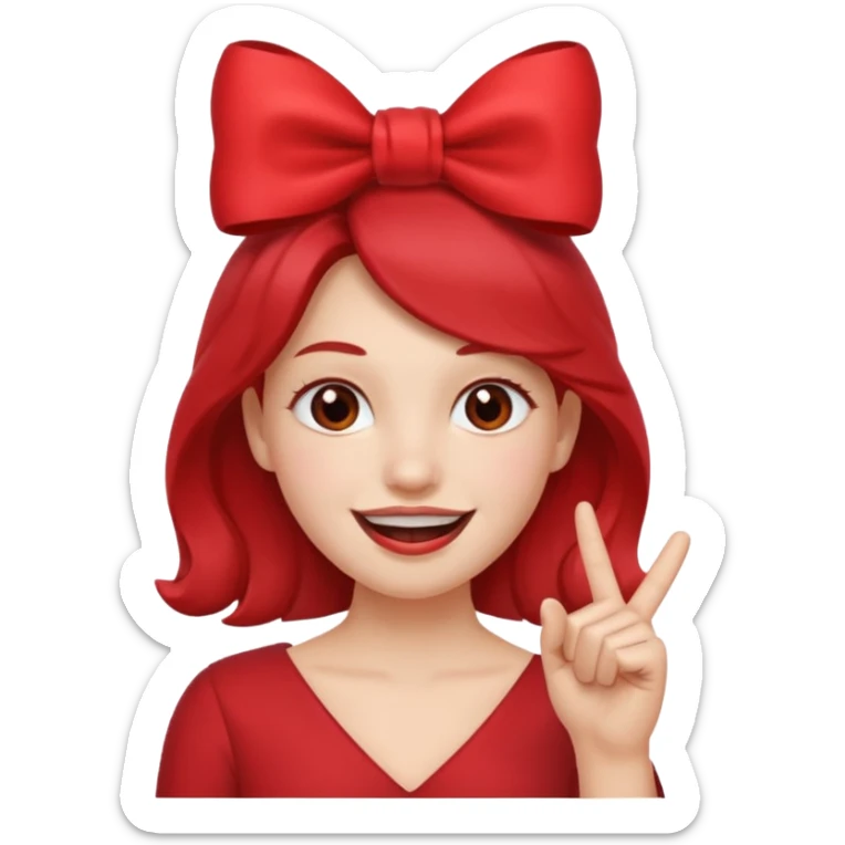 Emoji qui sourire avec le doigt dans la bouche et un noeud dans les cheveux sticker
