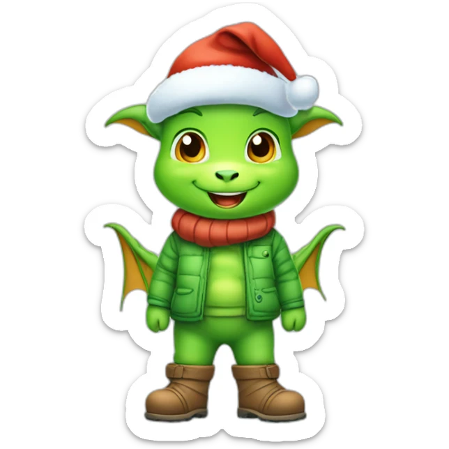 happy little green cartoon dragon of child in winter, in work pants, in work clothes, in winter boots, in a Santa Claus hat, New Year sticker
