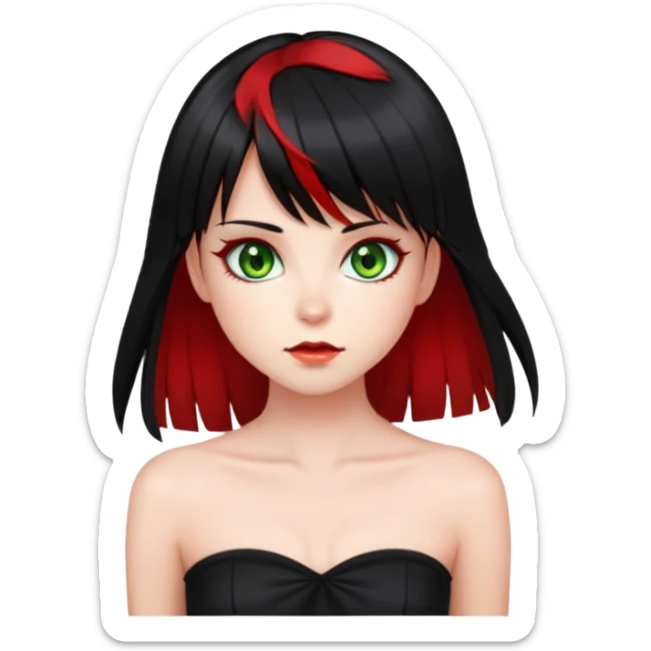 Girl. Green hazel eyes. Black hair with red long bangs and red perk-a-boo underlights. Medium long hair. black strapless crop top. Skinny face. sticker