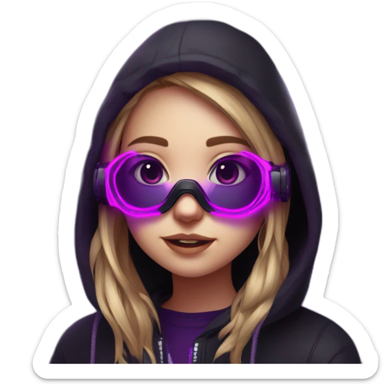 Russian girl student in the black hoody with violet letters "OMG" on it, wearing vr headset. Cyberpunk style. Violet neon. sticker