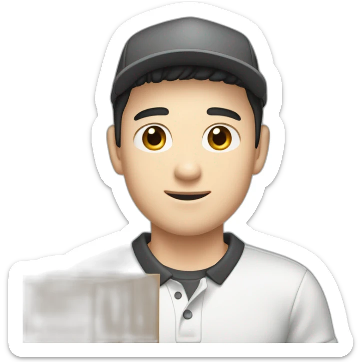 Pale skinned Man with black hair in a white cap and dark gray polo T-shirt with a box into his hands sticker