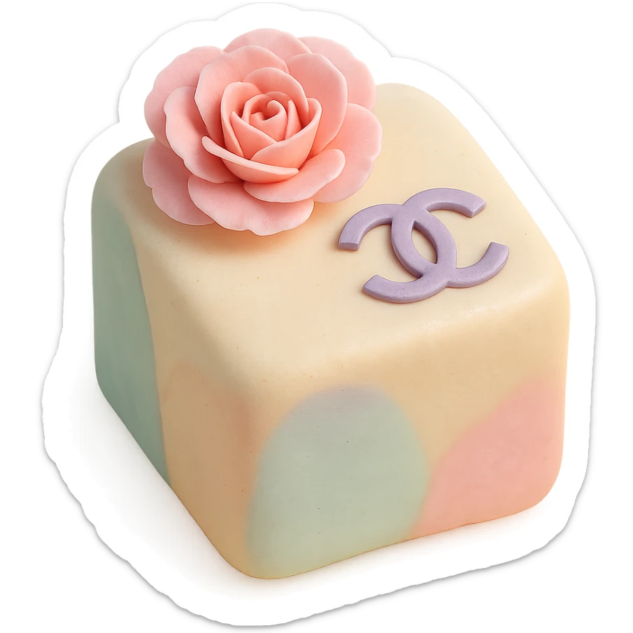 pastel Chanel petit four, with a pink camellia flower and logo sticker