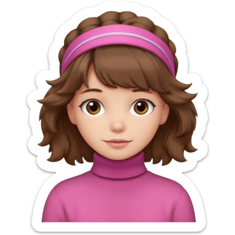 brown fluffy haired girl with pink turtleneck sweater and hair band sticker