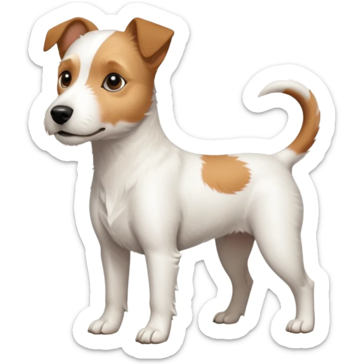 a full body slightly chubby white parson russell terrier looking dog the size of a kelpie with light brown long ears and a light brown patch on one eye and a large snout sticker