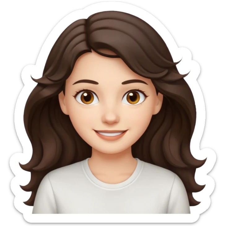 A White girl with wavy and dark hair, light brown eyes and a white shirt smiling sticker