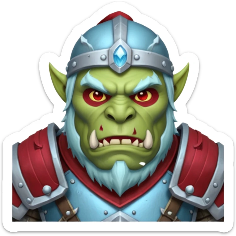 
Fantasy Christmas orc legion soldier icon, iron tundra army theme, heavy winter armor, disciplined brutal look, icy blue steel armor with deep crimson accents, frozen metal texture, cold winter atmosphere, male variant sticker