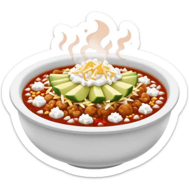 A delicious hot bowl of pozole rojo emoji. Steam rising. Hominy visible. Place the sides next to the bowl: chopped onions, shredded cabbage, lime wedges, red chile de arbol salsa, and full round tostadas with a light smear of sour cream sticker