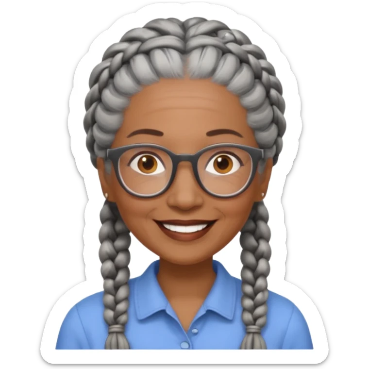 Older woman of color with gray braids, glasses and smiling sticker