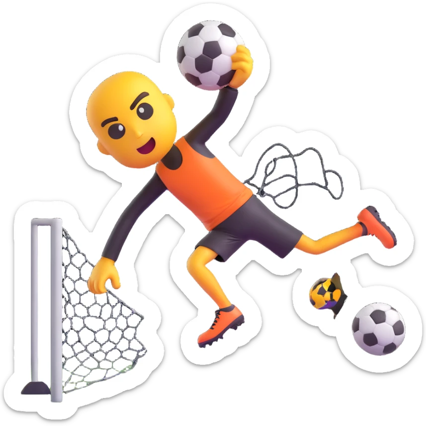 fierce, villainous emoji face mid-air high kick, soccer ball, and a broken wire mesh fence in the scene sticker
