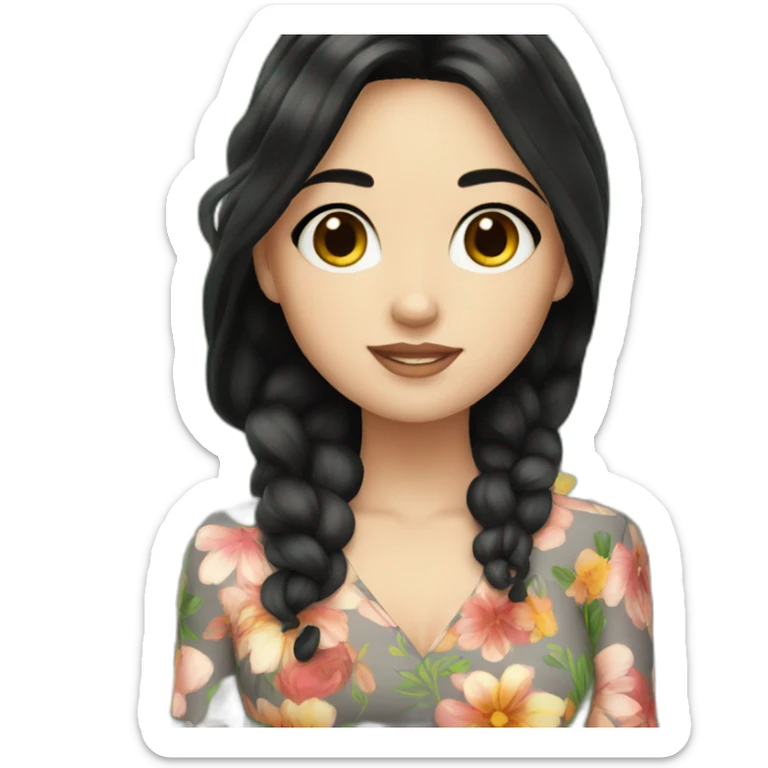 a white girl having black hair wearing floral dress holding flowers sticker