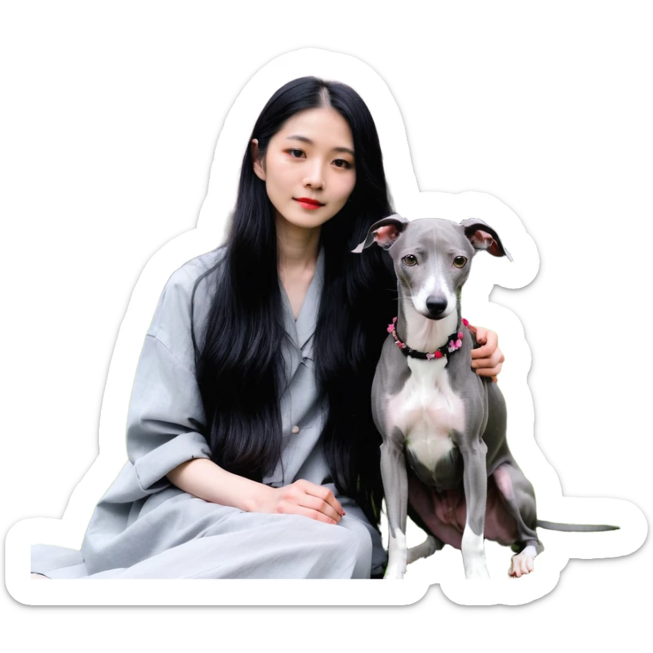 A beautiful 25-year-old Chinese woman with long black hair and a pure dark grey Italian Greyhound with absolutely NO white markings anywhere on its body sitting under a cherry blossom tree. The dog must be completely solid dark grey with no white on muzzle, paws, or chest. sticker
