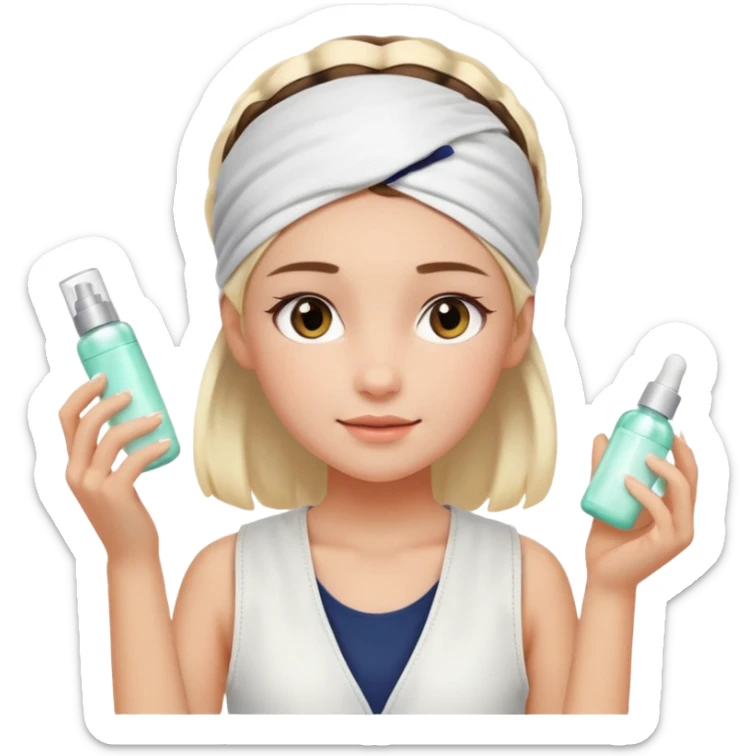 Clean girl aesthetic emoticons, apply skincare products, headband, glowing skin, white vest, soft lighting sticker
