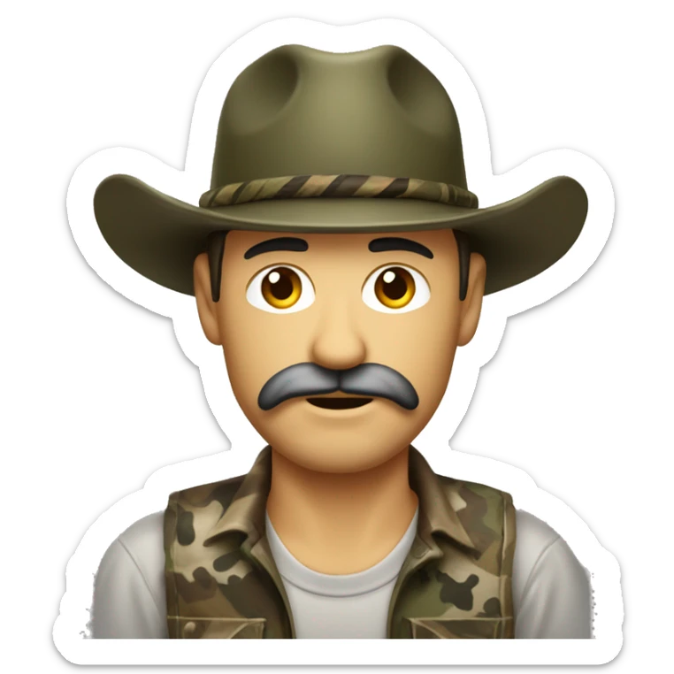 Redneck country man wearing old school camo with a brown mullet and mustache wearing a trucker hat sticker