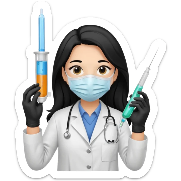 laboratorista con guantes  y mascarilla e insumos laboratorio  jeringa tubos  pelo negro largo triguella sticker
