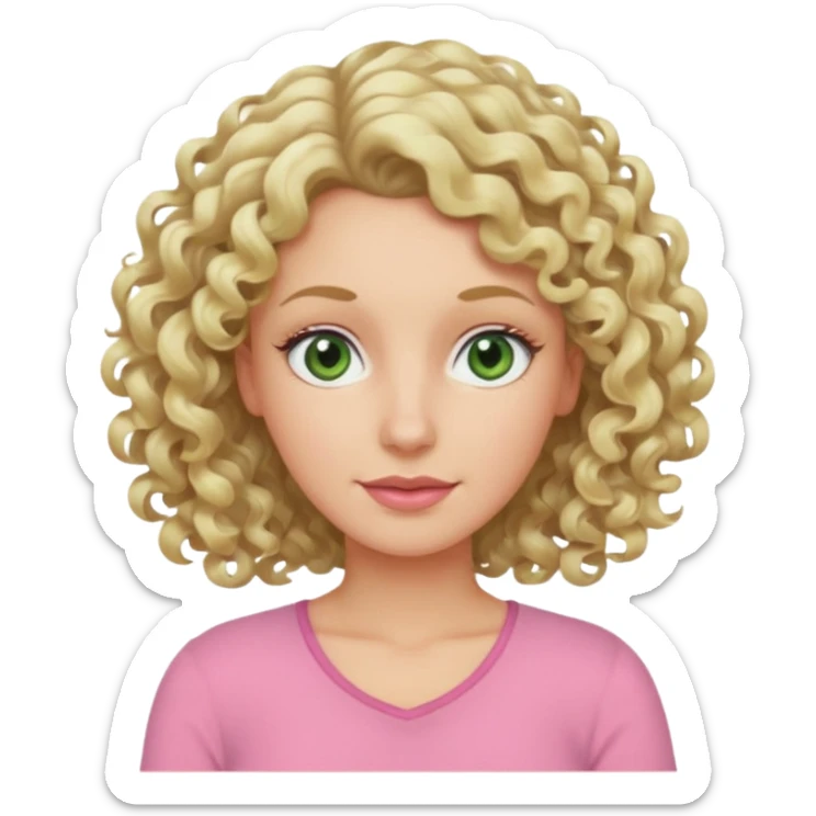 a woman in her late 40s and has greyish greenish eyes and blonde curly hair wearing a pink top sticker
