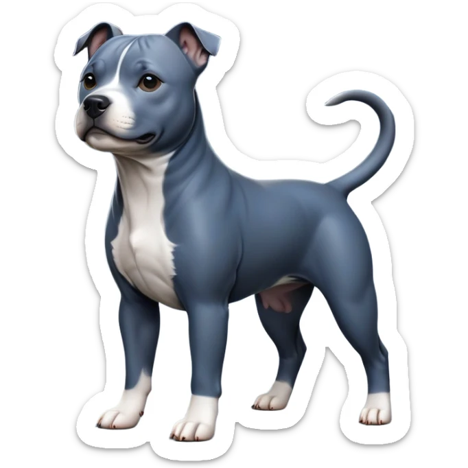 cinematic-[Staffordshire bull terrier]-realistic-full-body-standing-emoji,-tail-resting-loosely-beside-its-paws,-head-tilted-dramatically, -sleek-[dark blue grey]-fur,-simplified-yet-realistic-focused-features,-highly-detailed,-glowing-with-an-almost-sarcastic-glow sticker