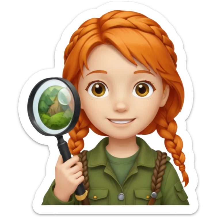 braid orange haired girl kid in moss green explorer outfit, holding magnifying glass, smile sticker