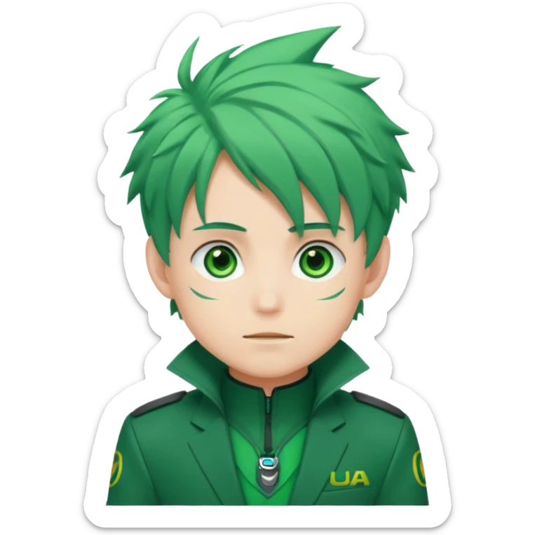 deku : boy anmie green hair green eyes in a ua suit with frenkles sticker