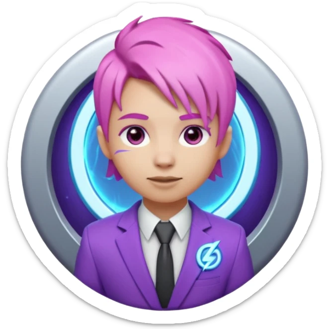Cute 3D emoji-style character with pink hair and purple eyes, inside a circular badge. No hands, no pose. Clean purple suit with a glowing neon-blue ‘C’ logo on the chest, small lightning accent. Smooth Apple-style lighting, friendly expression sticker