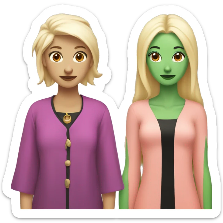 Two witches. One with green skin and black hair and one with pink clothes and blonde hair and peach skin. sticker