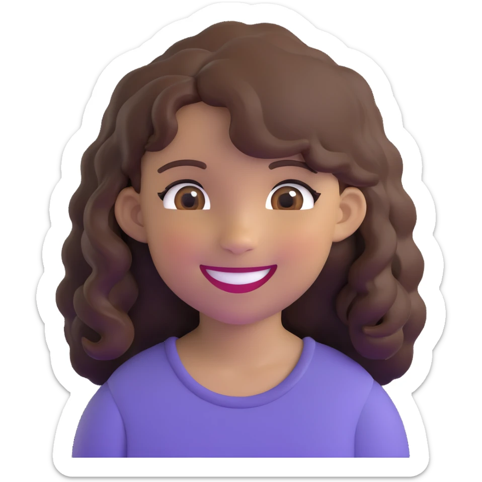 brown girl with wavy hair and brown eyes, smiling sticker