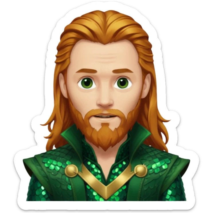 Loki, God of Mischief with long reddish blonde hair and beard, dark green sequin outfit sticker