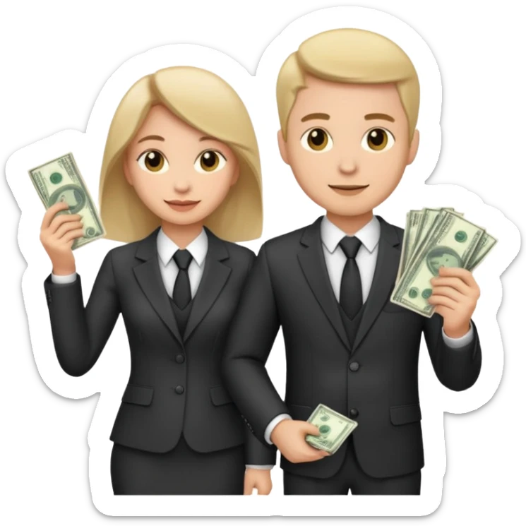 Una pareja (chico y chica de 28 años) vestidos con traje profesional y con dinero sticker