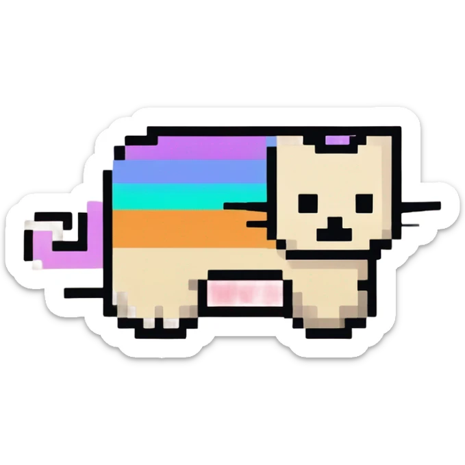 Nyan Cat es un gato de aspecto pixelado con cuerpo de tostada, que vuela por el espacio. Deja un rastro de arcoíris brillante mientras mueve su cola. Tiene una expresión neutral en su rostro y está representado en un estilo retro de 8 bits. sticker
