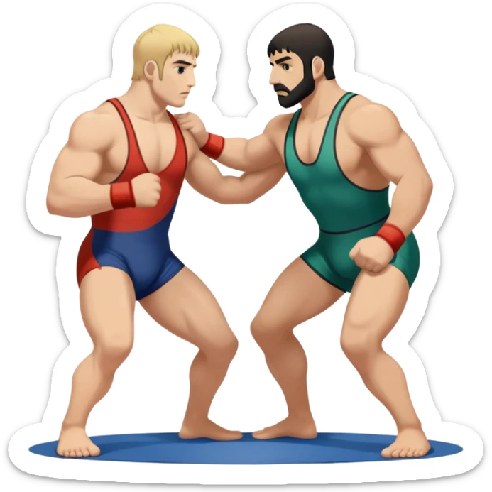 An icon symbolizing Greco-Roman wrestling, showing two wrestlers locked in a powerful grip, focusing on upper-body techniques. The background features a wrestling mat, with the athletes wearing traditional singlets. Transparent background highlights the strength and skill of the sport. sticker