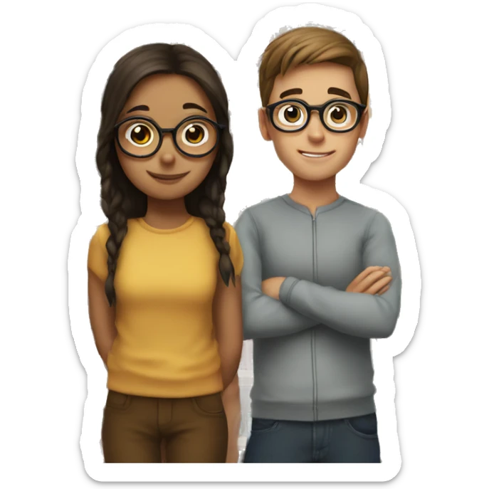a girl and a boy, next to each other, woth books in front. the girl is ginngerand has round glasses and the boy is brunette and has round glasses.  sticker
