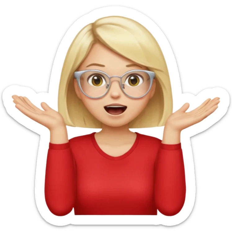 emoji style, waist-up woman with light skin, blonde bob hair, white cat-eye glasses, red shirt, both hands cupped around her mouth, shouting with joy on simple light background sticker