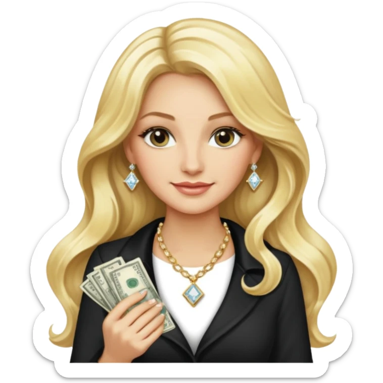 rich long hair blonde millionare woman holding money sticker