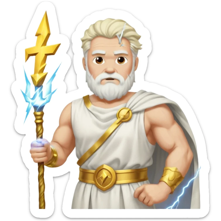 portrait of Zeus, muscular old man with white beard and hair, wearing white toga with gold trim, holding lightning bolt, standing on storm clouds sticker