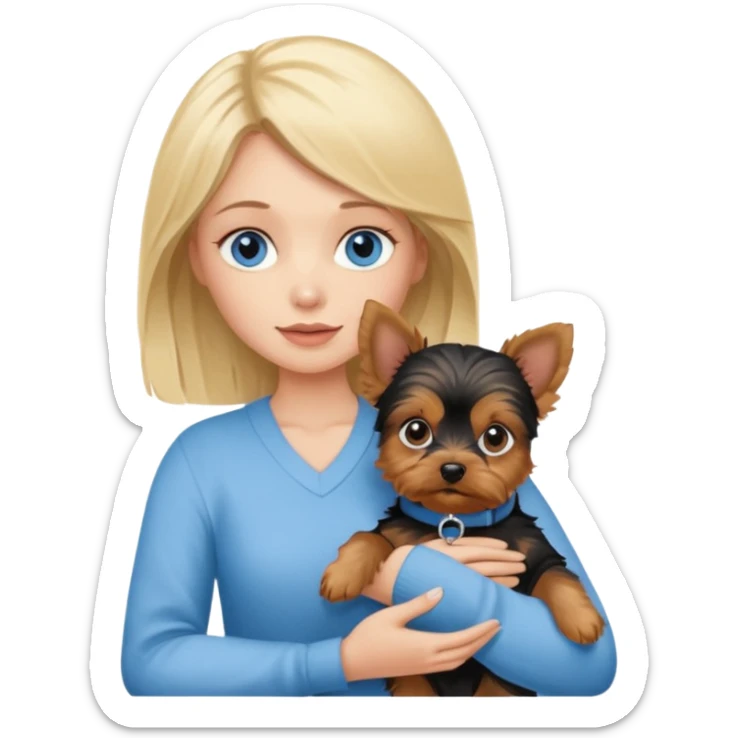 blue eyed blonde holding yorshi terrier puppy in her arms sticker