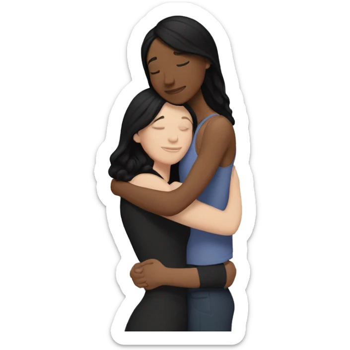 A lesbian couple that both have white skin and long black hair are hugging intimately, and romantically. sticker