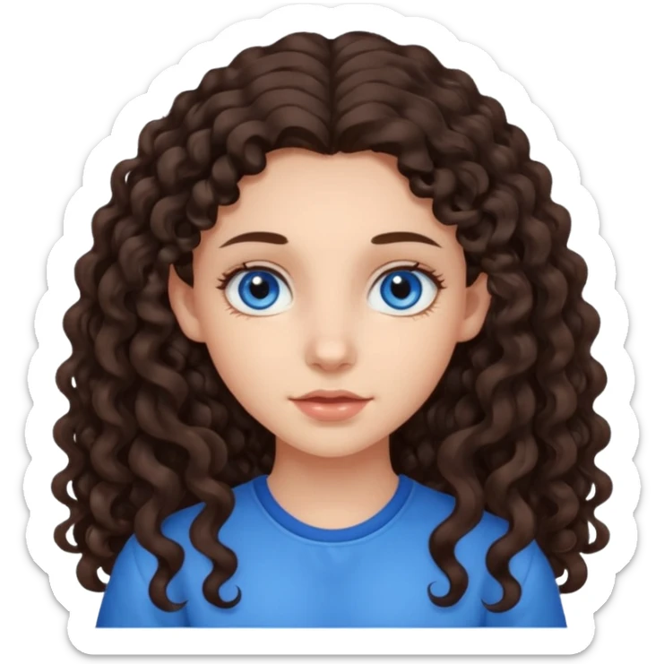 a girl with long dark brown curly hair that starts at the level of her ears, and blue eyes sticker