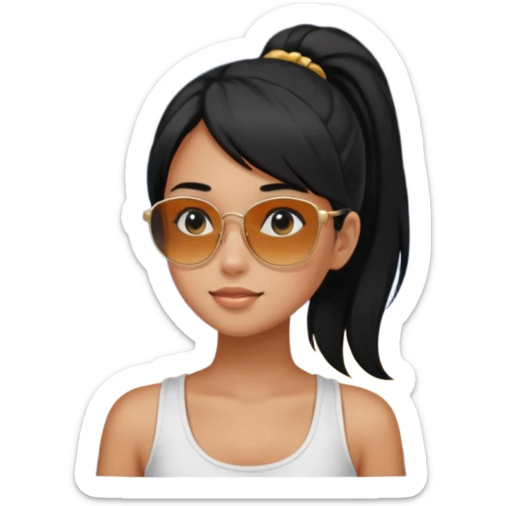 An Emoji of girl with black ponytail hair, who can be described by three words: sun, moo, star sticker