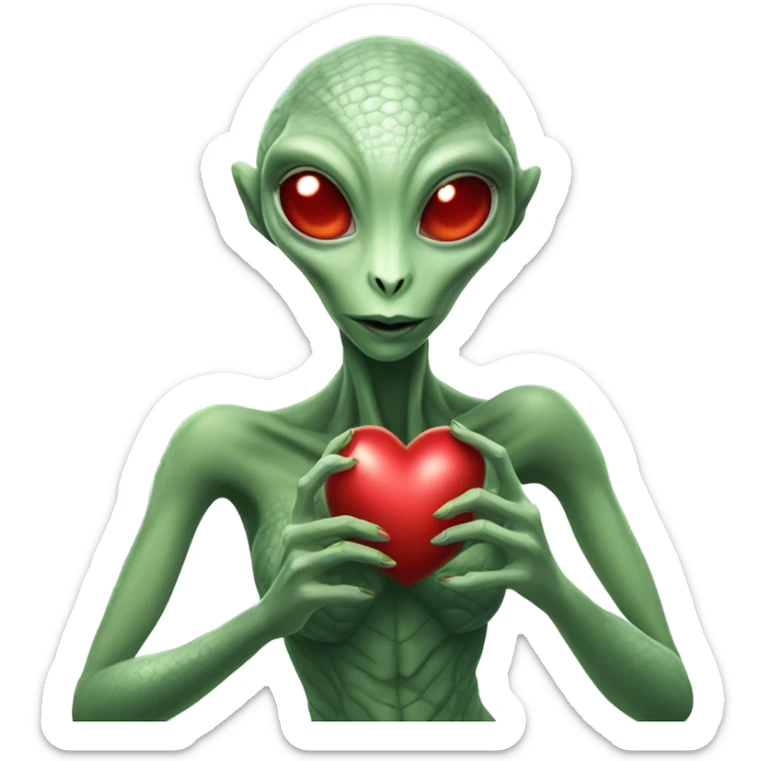 a Reptilian alien woman full body, holding big red heart sticker
