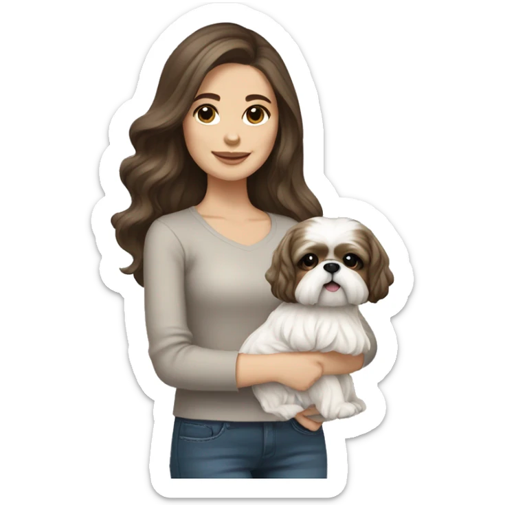 Young brunette hair woman with a cream shih tzu in her arms long wavy hair sticker