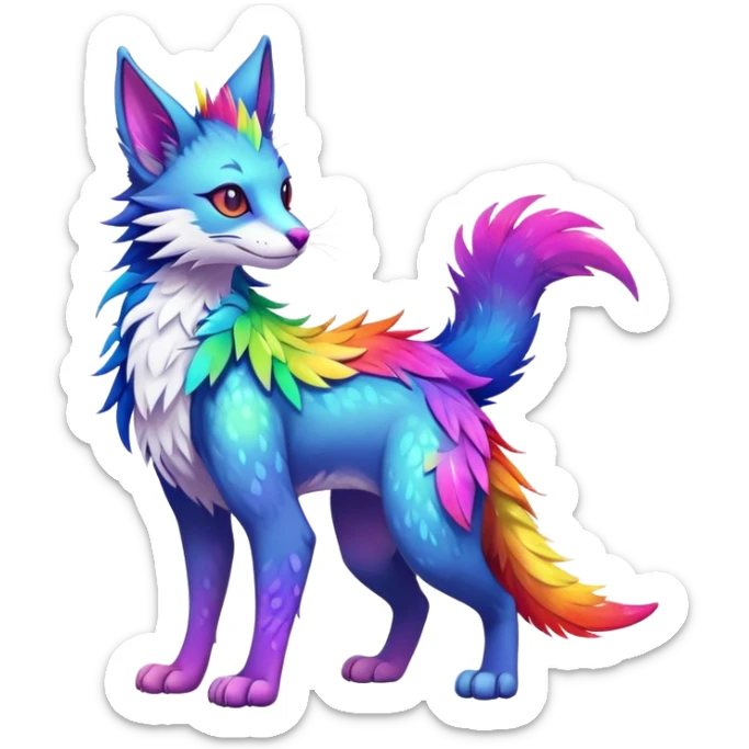 Kawaii neon colorful with feathers-ears rainbow iridescent fantasy ethereal feline-vernid-sergal-fursona animal creature with a tufted tail full body with intricate markings sticker
